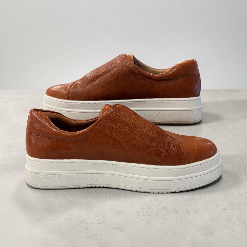 J/Slides NYC Womens Cognac Brown Leather Platform Slip On Sneakers Size 9